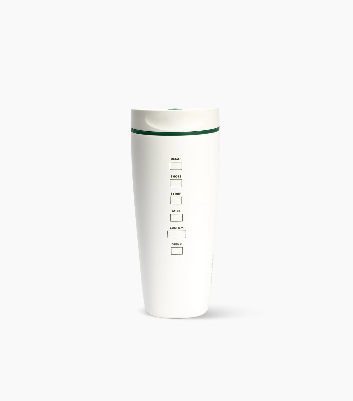 A tall white travel tumbler with a matching white lid and a thin dark green accent line near the top. The front features a vertical measurement scale with labels for Break, Snack, Meal, Milk, Juice, Coffee, and Tea, each accompanied by a small square marker box.