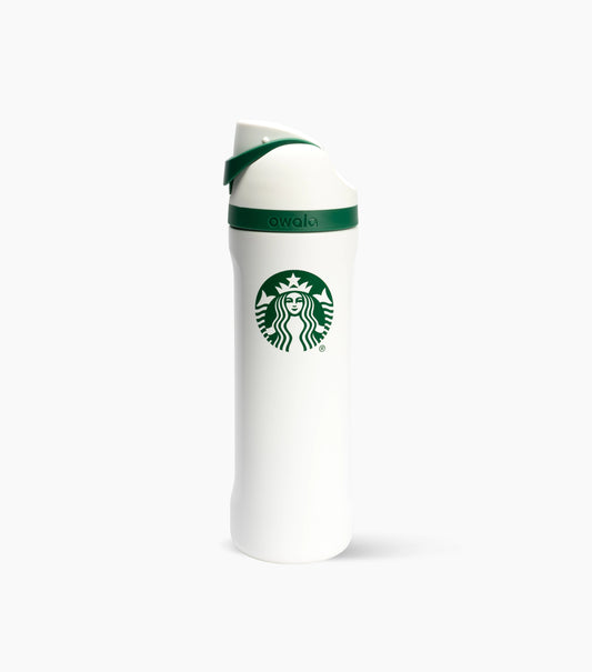A white reusable water bottle with a green Starbucks siren logo on the front and a green cap, shown on a clean white background.