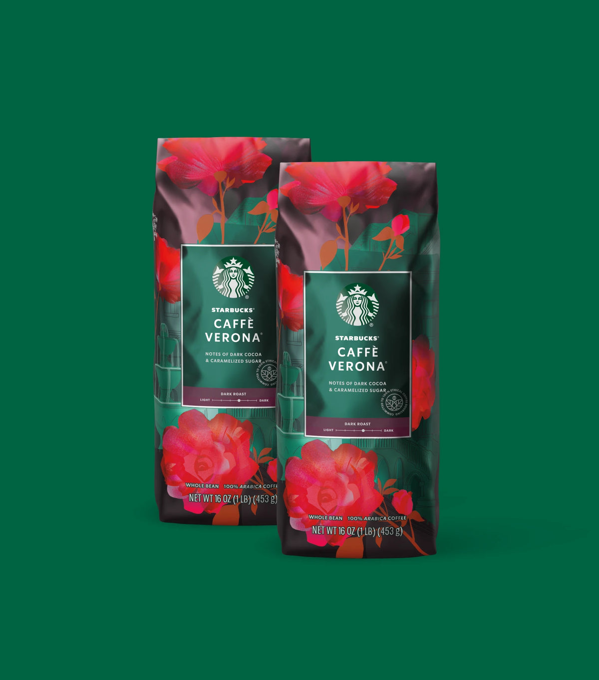 Two Starbucks Caffè Verona coffee bags with floral design on a green background.