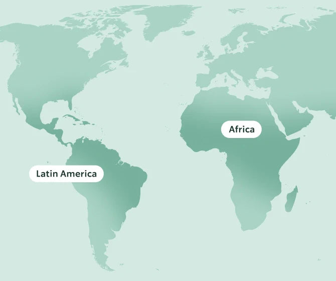 World map highlighting Latin America and Africa on a light green background.