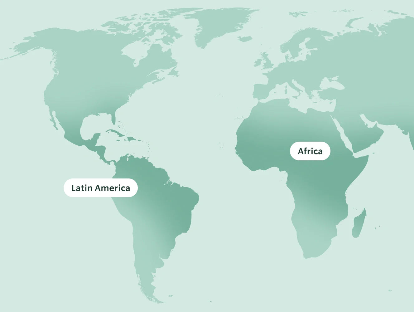 World map highlighting Latin America and Africa on a light green background.