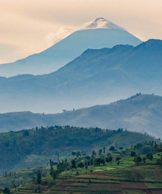 Green hills and farm fields in front of a tall mountain with a cloud over its peak.