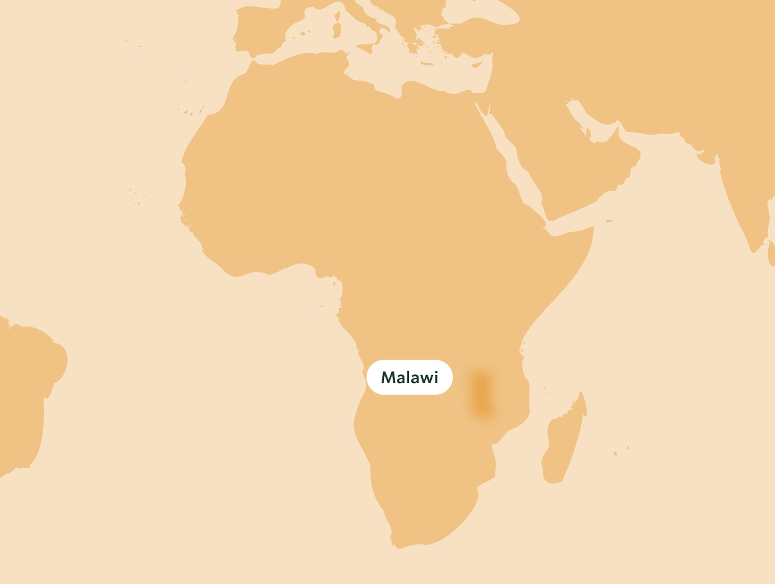 A minimalist map graphic of Africa with a label bubble reading "Malawi" placed over the country on the southern continent.