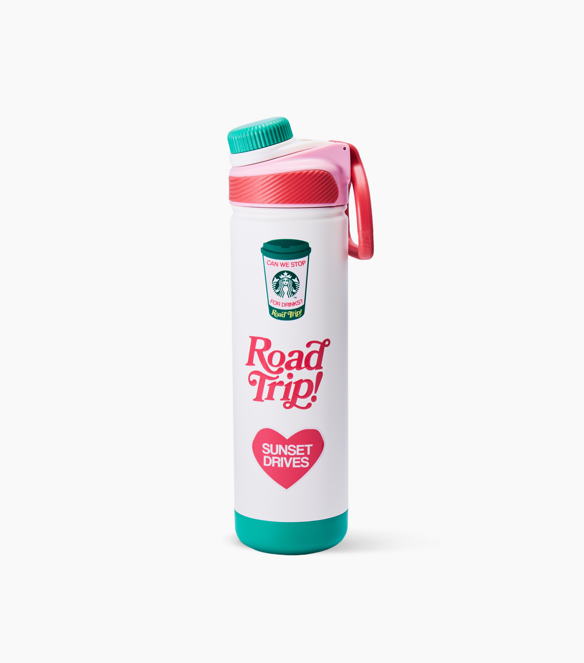 A white insulated water bottle with a pink and teal lid, featuring the Starbucks 'Road Trip! Sunset Drives' logo on the front, set against a plain white background.