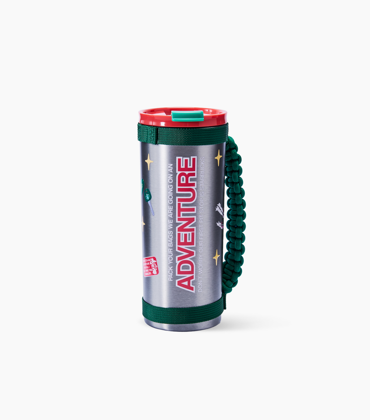 A stainless steel travel tumbler with a red lid, green strap, and green paracord carrying handle, featuring 'ADVENTURE' printed on the side.