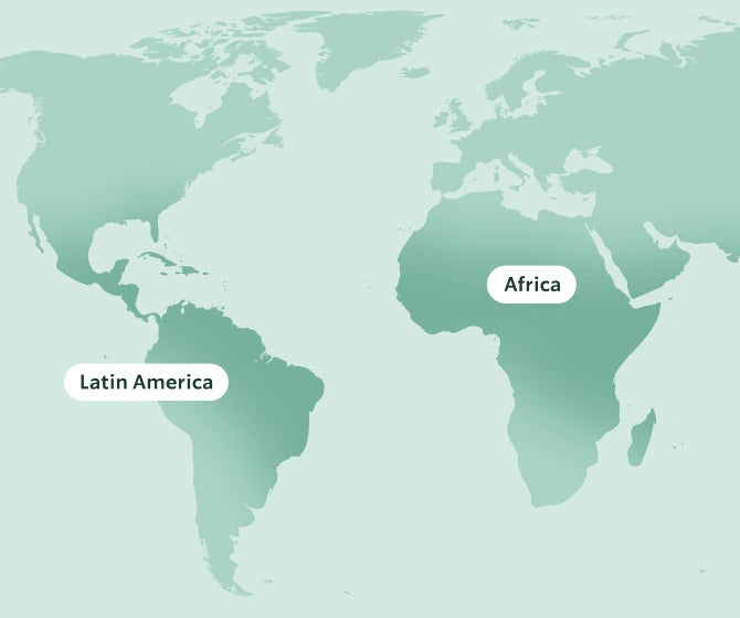 World map highlighting Latin America and Africa on a light green background
