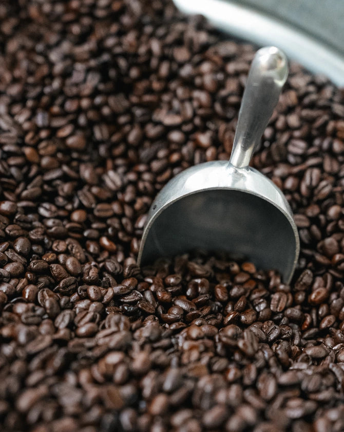 Silver scoop partially buried in roasted coffee beans