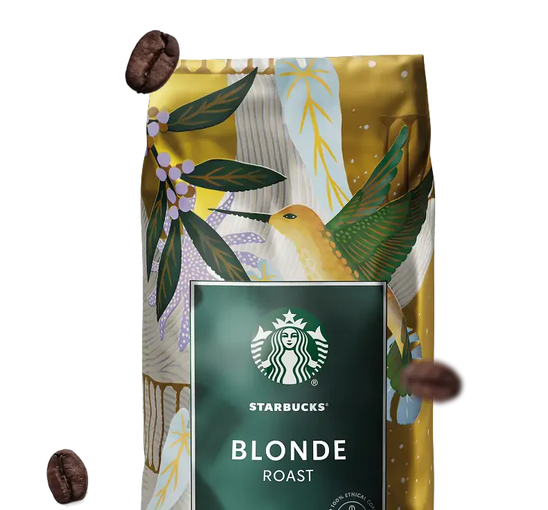 Starbucks Blonde Roast coffee bag with decorative design and coffee beans floating against the background.