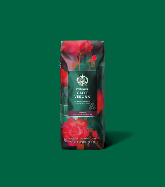 Starbucks Caffè Verona coffee bag with floral design packaging on a green background.
